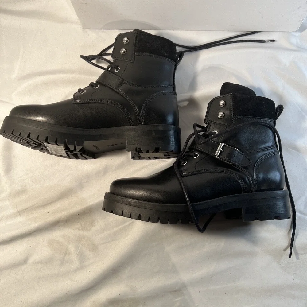 NIB‎ ALLSAINTS Paulina Black Leather Moto Biker Chunky Boots Lace Up Size 7 US